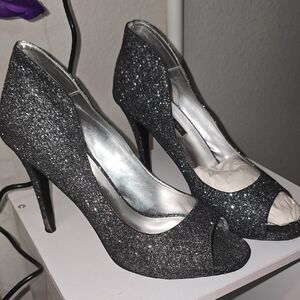 Caparros Black Glitter Peep-Toe Heels